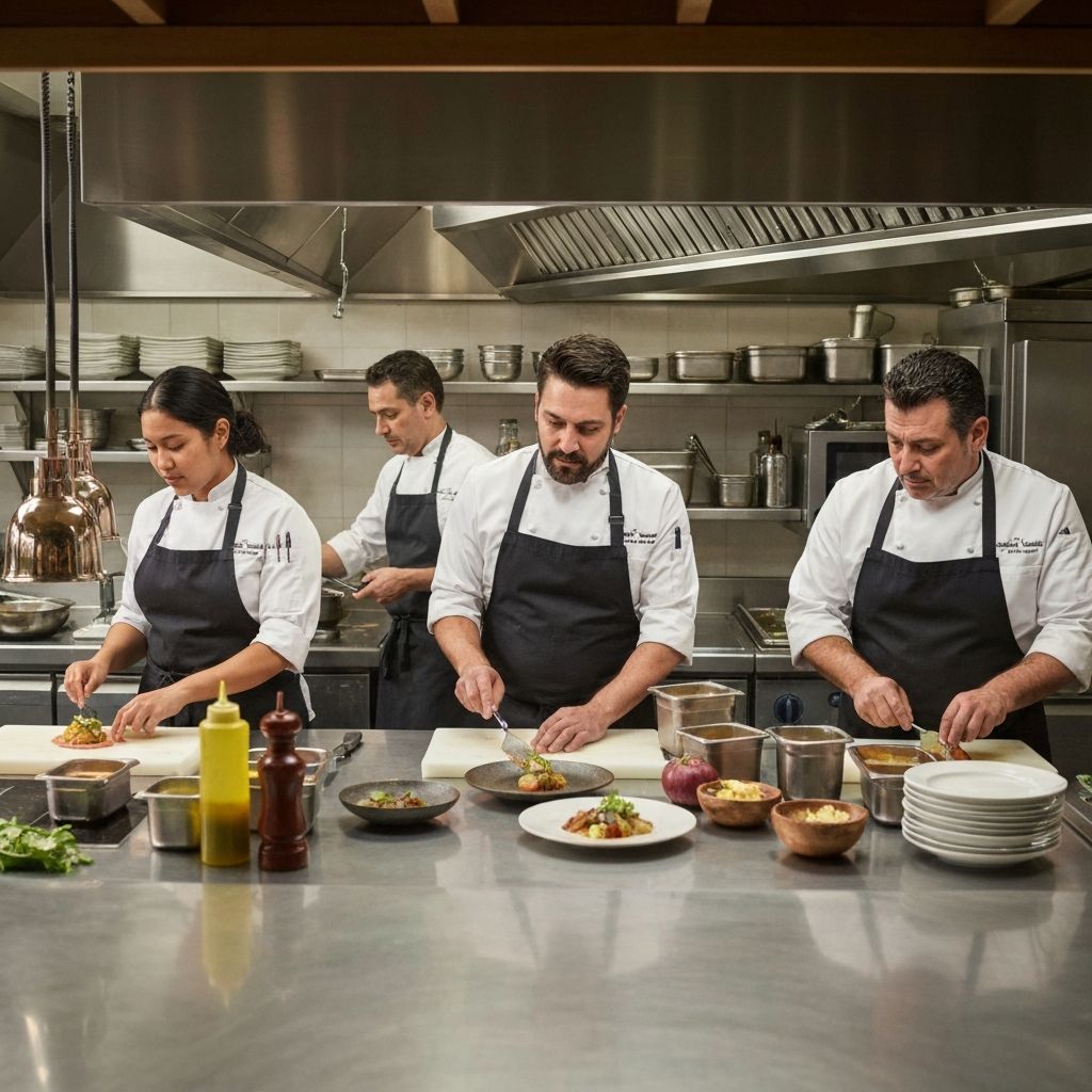 Professional restaurant kitchen and team